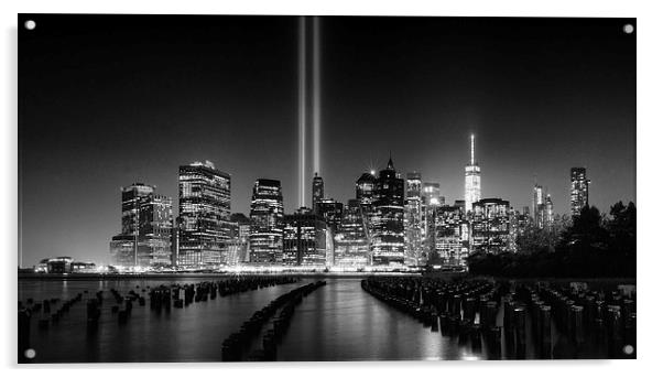 Manhattan Tribute in Light 9/11 Night  Acrylic by Greg Marshall
