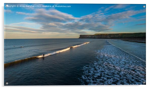 Surfers at Saltburn, Teesside / North Yorkshire at sunset. Acrylic by Greg Marshall
