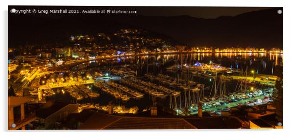 Port dé Sóller Mallorca town and marina at night  Acrylic by Greg Marshall