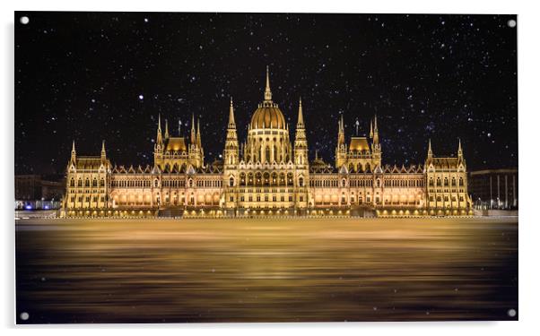 Budapest Parliament Building At Night Acrylic by Andrew Squires