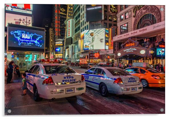 NYPD watch over Times Square.  Acrylic by Alan Matkin
