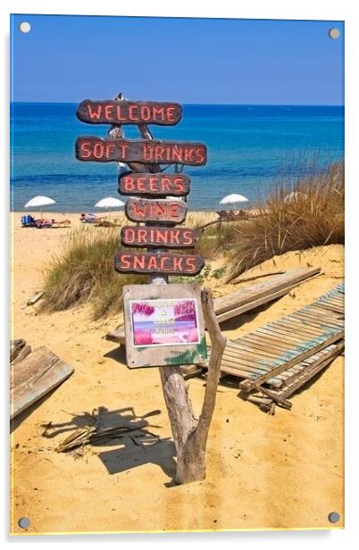 Mandraki beach beach sign Skiathos. Acrylic by Alan Matkin