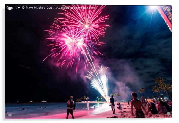 Fireworks on Waikiki beach Acrylic by Steve Hughes