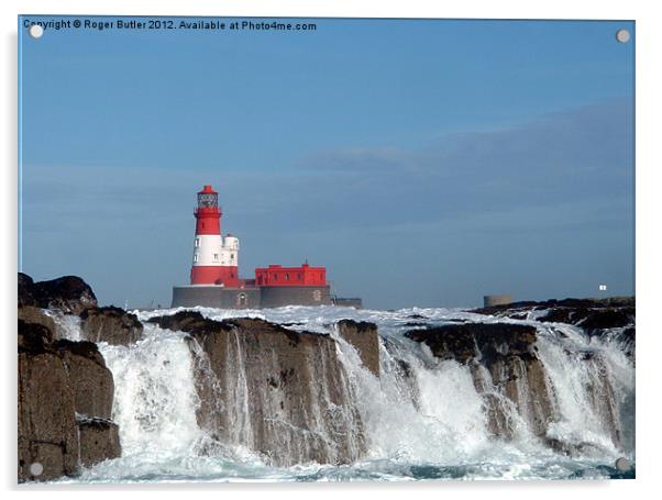 Waves Break at Longstone Lighthouse Acrylic by Roger Butler