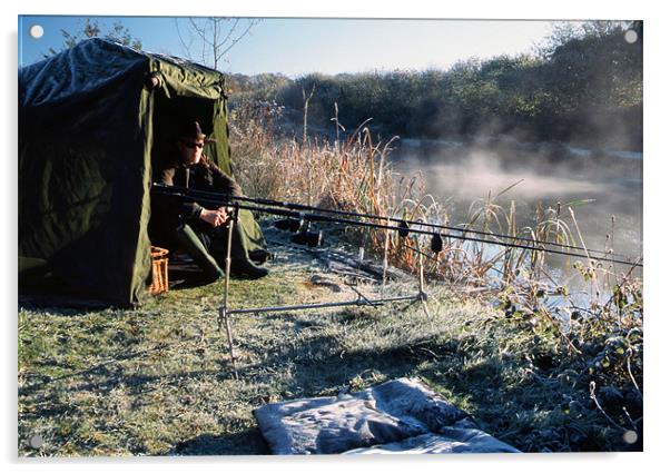 Fishing in winter, mist rising from the surface Acrylic by Simon Armstrong