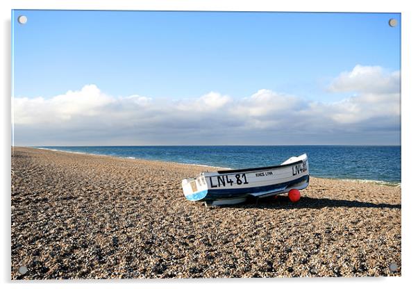 Fishing boat , Cley Beach Acrylic by Kathy Simms