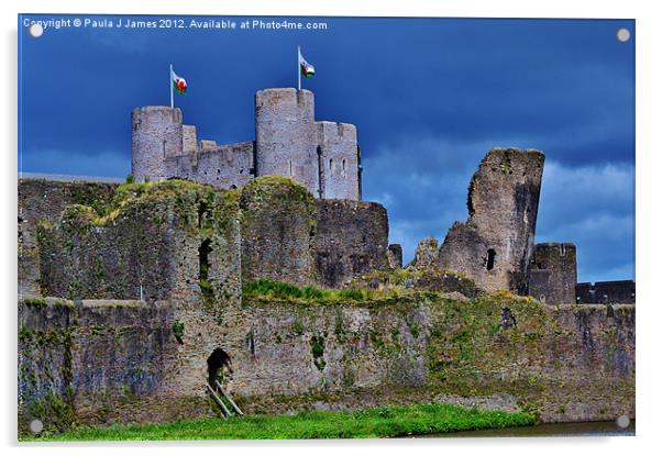 Stormy skies at Caerphilly Castle Acrylic by Paula J James