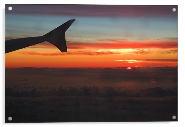 A Sunset from the porthole of a plane I was flying Acrylic by JEAN FITZHUGH