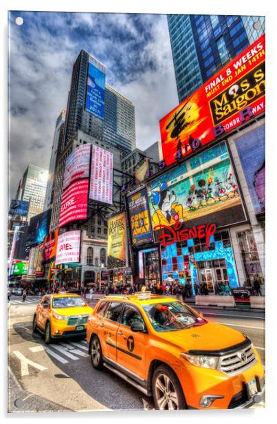 Yellow Cabs Times Square Acrylic by David Pyatt