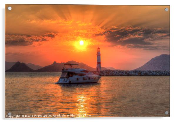 Lighthouse And Yacht Sunset Acrylic by David Pyatt