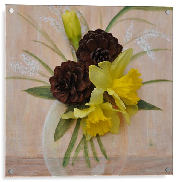 daffs and pine cones 3D Acrylic by sue davies