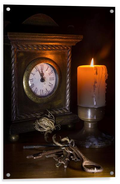 Clock, Candle and Old Keys Acrylic by Ann Garrett