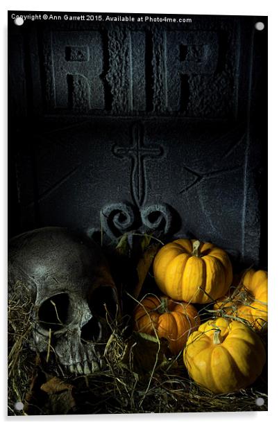 Skull Headstone and Pumpkins Acrylic by Ann Garrett