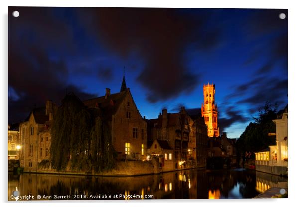 Rozenhoedkaai Bruges At Night Acrylic by Ann Garrett