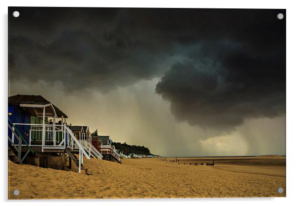 Storm over Wells beach huts Acrylic by Mark Bunning