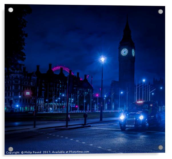 London Taxi at Night and Big Ben Acrylic by Philip Pound