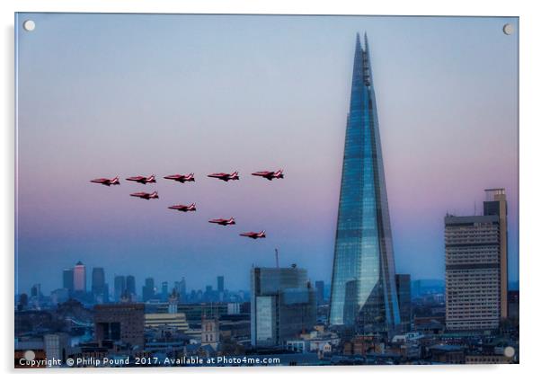 Red Arrows Fly Past Over The Shard and Docklands Acrylic by Philip Pound