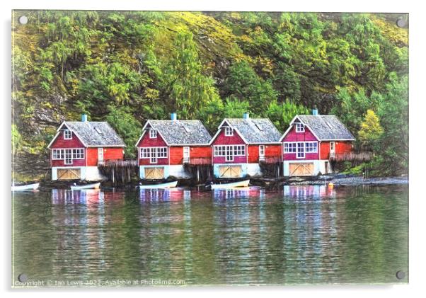 Red Boathouses at Flåm Acrylic by Ian Lewis