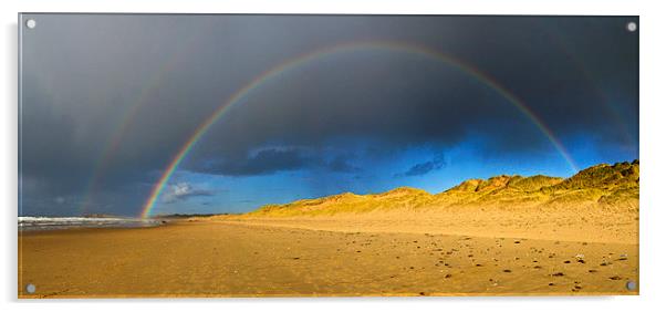 Double Rainbow over LLangennith Bay Acrylic by Hazel Powell