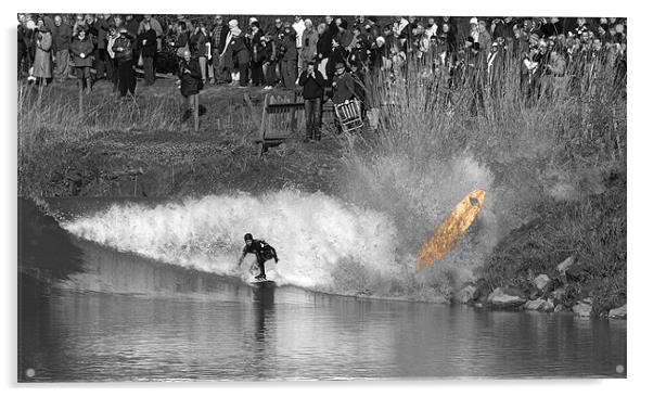 Brave surfer crashing wave Severn Bore  Acrylic by mark humpage