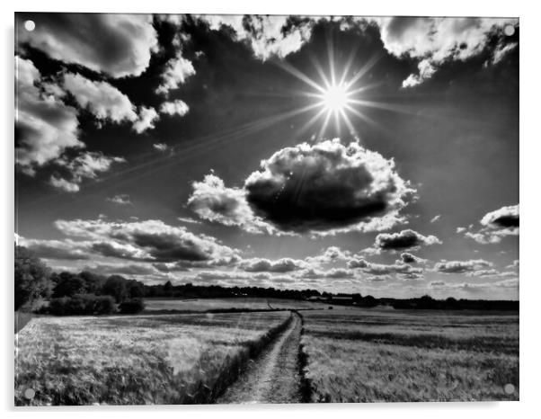 Sun bursting through clouds, black and white. Acrylic by mark humpage