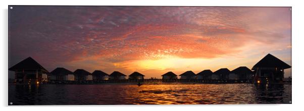Maldives sunset over water bungelows Acrylic by mark humpage