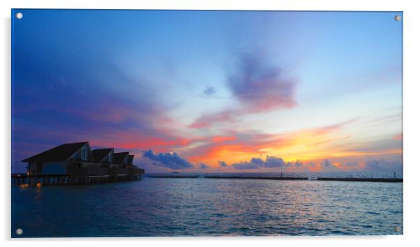 Sunset sea view over Maldives water bungalows  Acrylic by mark humpage