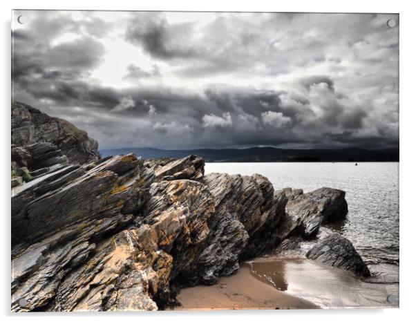 Wales beach sea and rocks with clouds in sky Acrylic by mark humpage