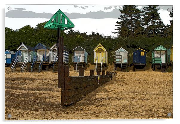 Beach Huts and Groyne Posterised Acrylic by Bill Simpson