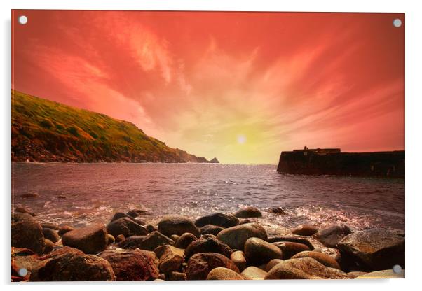 Cornish Sunset in Lamorna Cove Acrylic by Rob Lester
