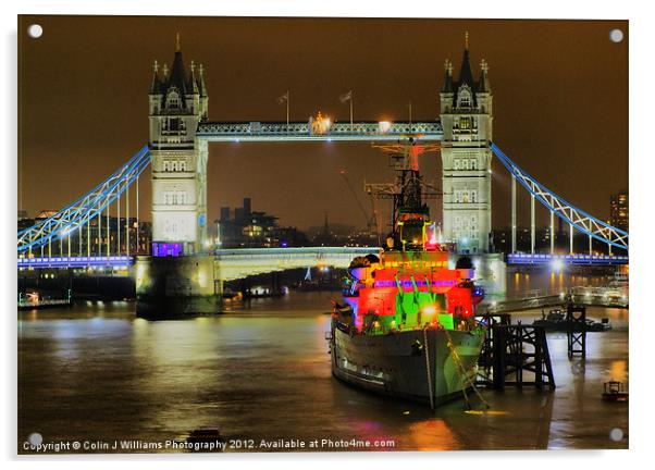 HMS Belfast From London Bridge - Night Acrylic by Colin Williams Photography