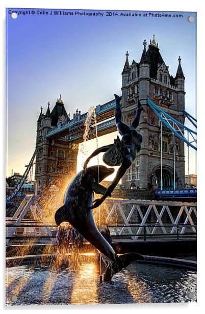  Tower Bridge and Girl with a Dolphin Fountain  Acrylic by Colin Williams Photography