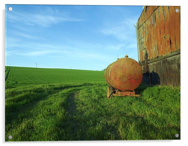 Old oil tanker by burned out barn Acrylic by Alison Jackson