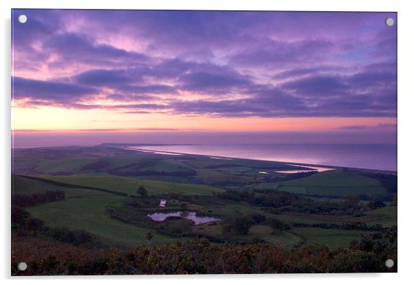 Fleet Dawn and Chesil Beach, Dorset, UK Acrylic by Colin Tracy