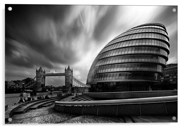  London City Hall and Tower bridge.  Acrylic by Ian Hufton