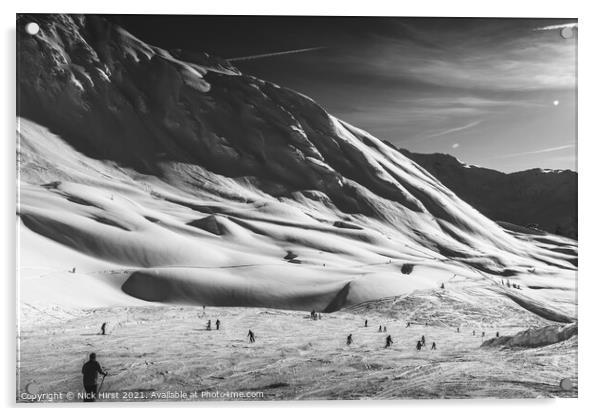 Monochrome Skiers Acrylic by Nick Hirst