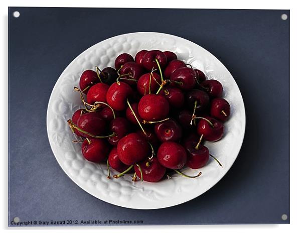 Cherries White Bowl On Blue Acrylic by Gary Barratt