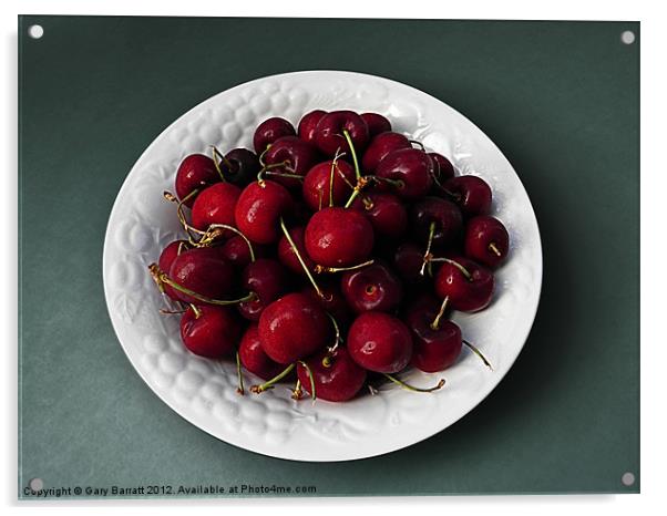 Cherries White Bowl On Green Acrylic by Gary Barratt