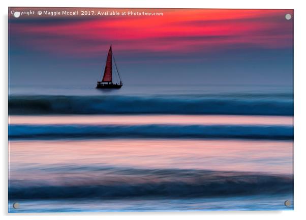 Yacht Sailing at Sea at Sunset Acrylic by Maggie McCall