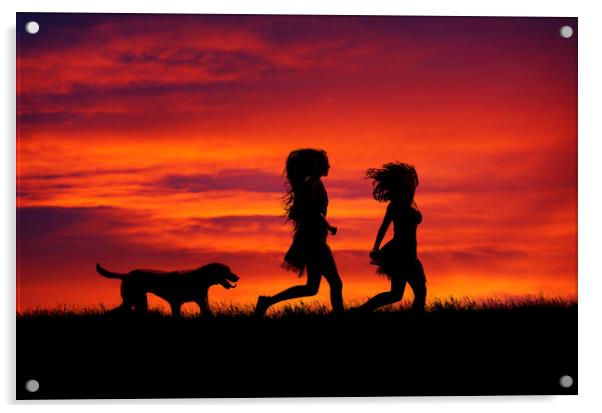 Two Girls and their dog running at sunset Acrylic by Maggie McCall