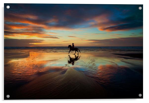 Horse Rider reflections at Widemouth Beach Acrylic by Maggie McCall