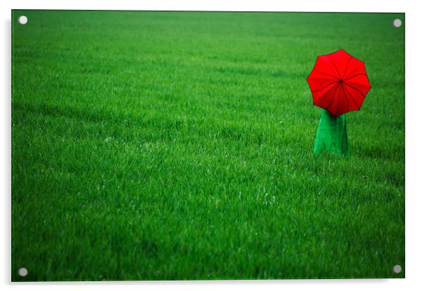 Red Umbrella in Green Field. Acrylic by Maggie McCall
