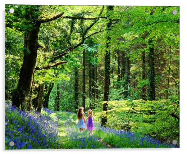 Little girls in Bluebell wood Acrylic by Maggie McCall