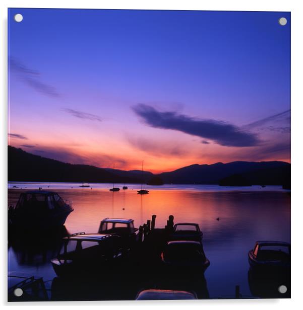 Boat Jetty  at sunset on  Windermere, Cumbria, UK Acrylic by Maggie McCall