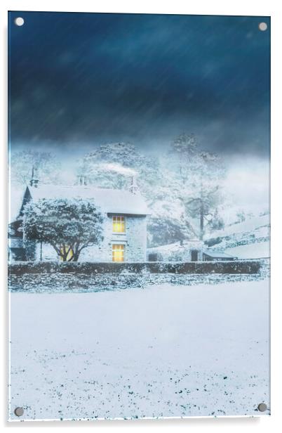 Cumbrian Cottage in snow storm Acrylic by Maggie McCall