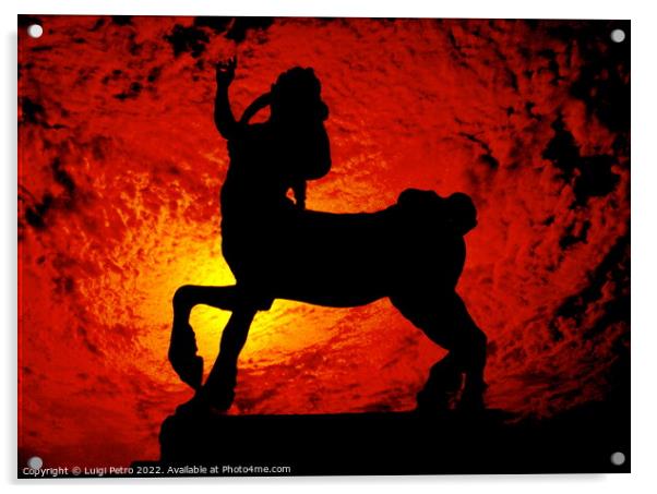 Sculpture of a Centaur against a red hot sky. Acrylic by Luigi Petro