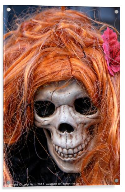 Skull wearing an orange wig. Acrylic by Luigi Petro
