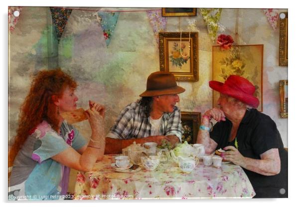 Friends having a chat over a cup of  tea. Acrylic by Luigi Petro