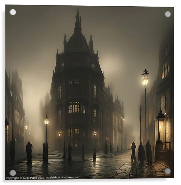 Victorian city street covered in fog. Acrylic by Luigi Petro
