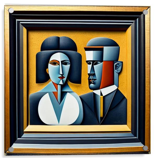 Framed Cubist Portrait of a Couple Acrylic by Luigi Petro